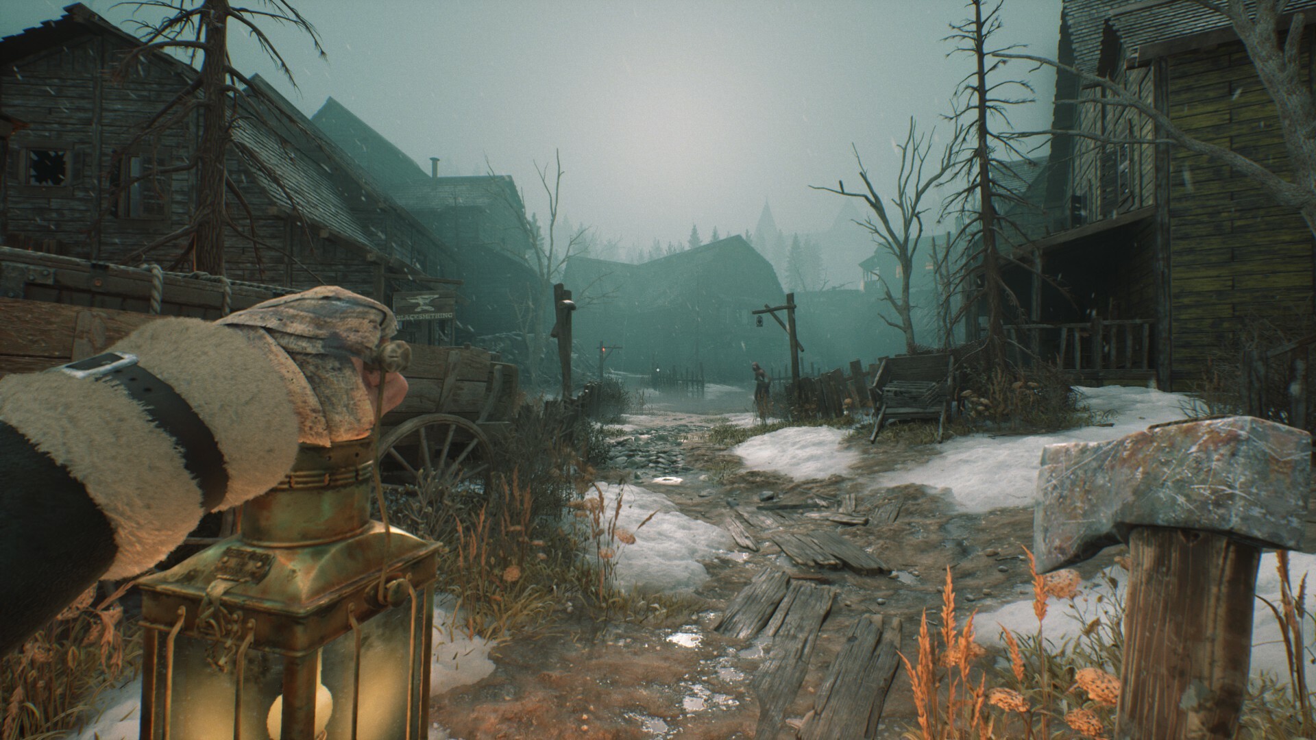 Stygian: Outer Gods first-person screenshot: a lantern raised on a muddy snowy street of wooden houses.