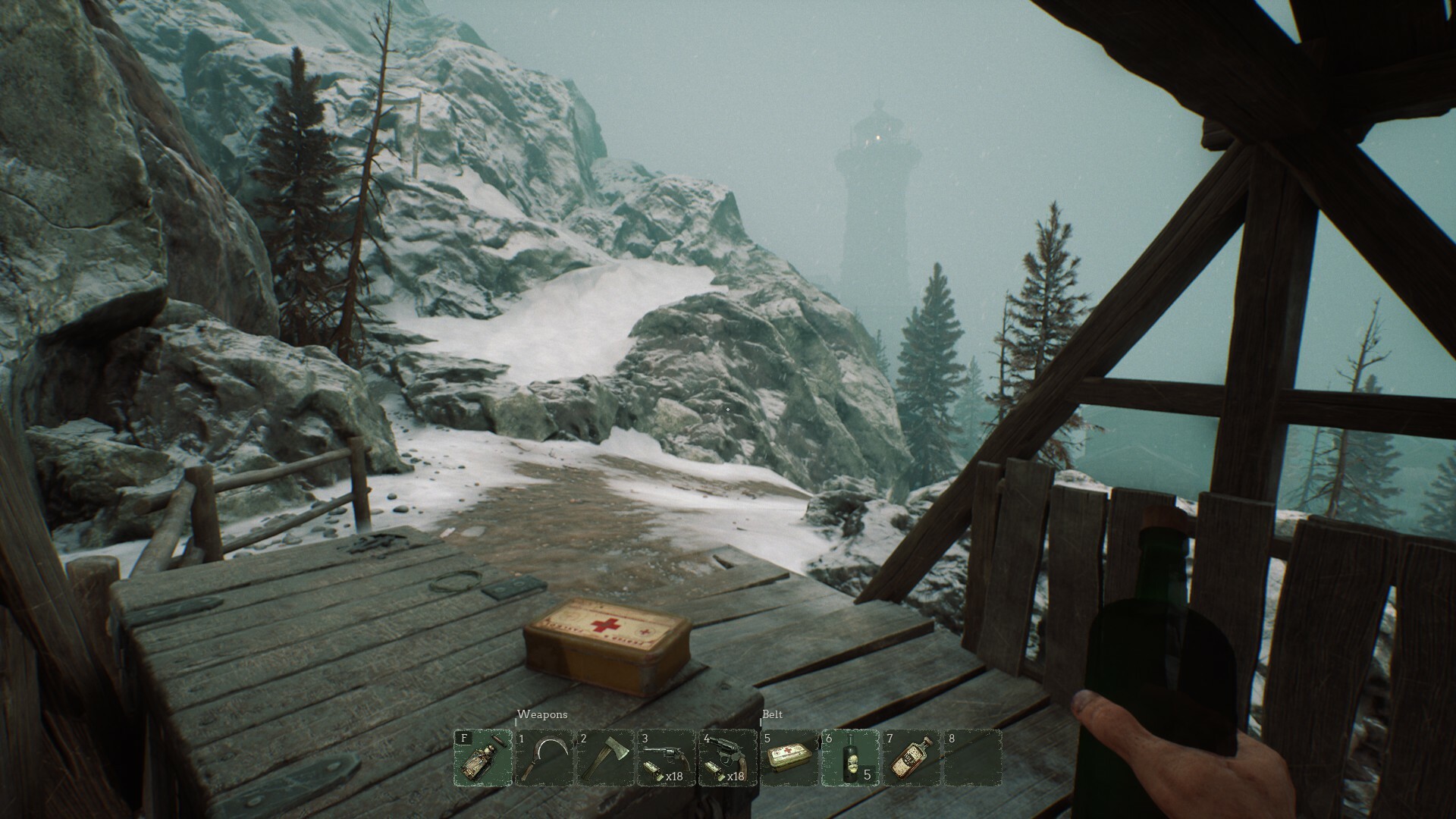 Stygian: Outer Gods first-person screenshot: a wooden dock on a snowy cliff with a lighthouse in the mist.